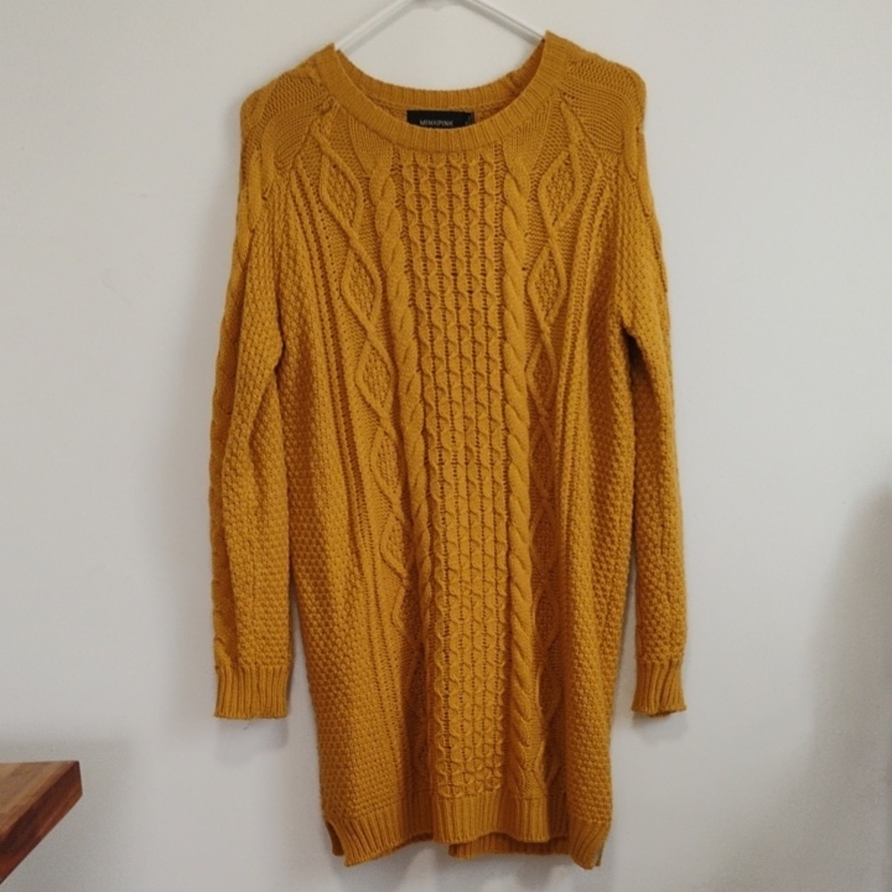 Minkpink | Mustard Yellow Cable Knit Sweater Dress | XS